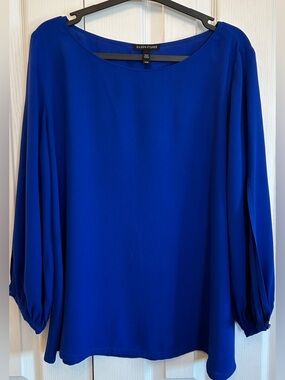 Eileen Fisher Silk Bateau Neck Top M Cobalt Blue Slit Sleeve Boxy